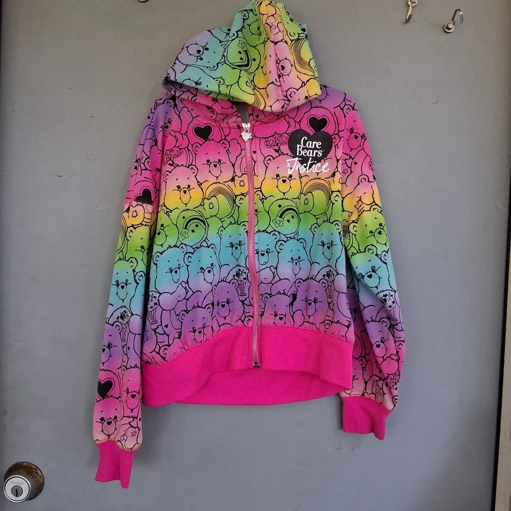 Justice X Care Bears Rainbow Graphic Print Hoodie Sweatshirt EUC 7-8 S